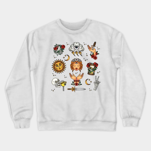 Occult Traditional Tattoo Flash Sheet Design Crewneck Sweatshirt by OctoberArts